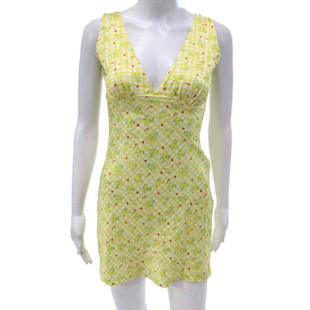 Designer Women Mini Gingham V-Neck Sleeveless Yellow Dress Zip Size XS